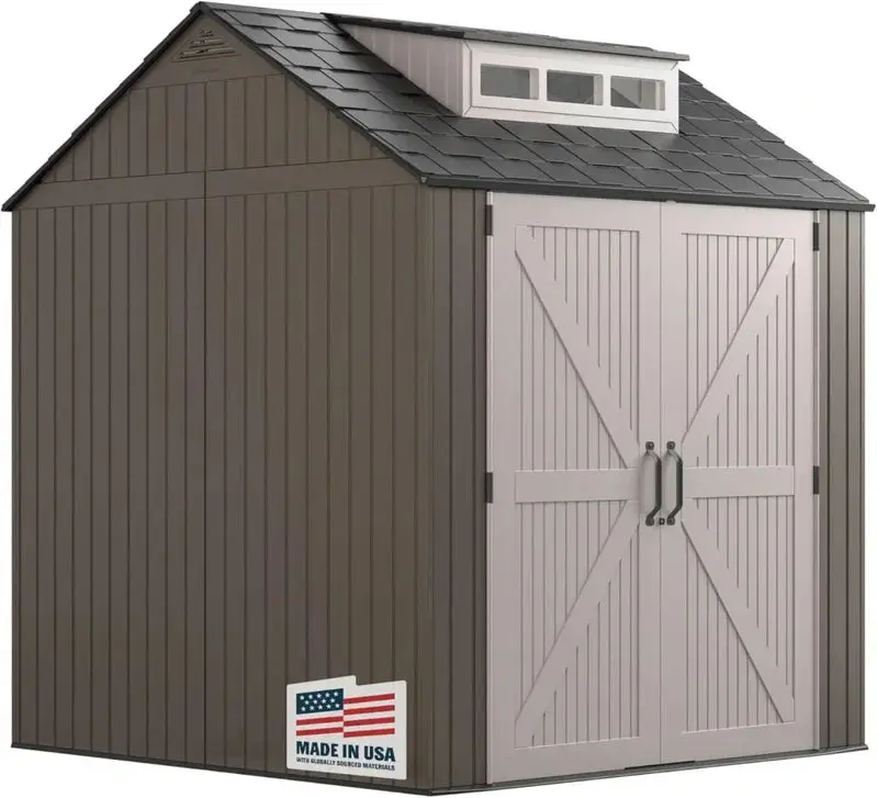 Rubbermaid 7' x 7' Resin Outdoor Storage Shed with Integrated Floor – Gray, Weather-Resistant Unit for Garden, Lawn, and Pool Gear
