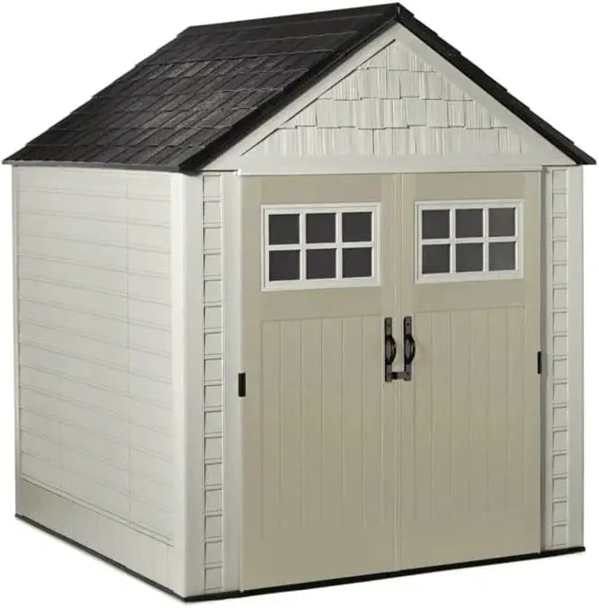 Rubbermaid 7' x 7' Resin Outdoor Storage Shed with Integrated Floor – Gray, Weather-Resistant Unit for Garden, Lawn, and Pool Gear