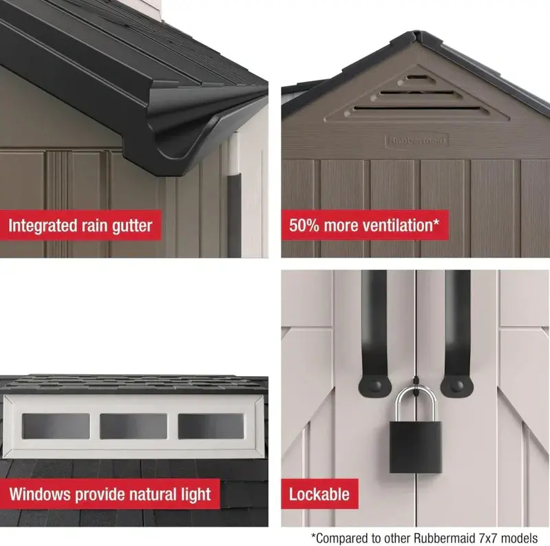 Rubbermaid 7' x 7' Resin Outdoor Storage Shed with Integrated Floor – Gray, Weather-Resistant Unit for Garden, Lawn, and Pool Gear