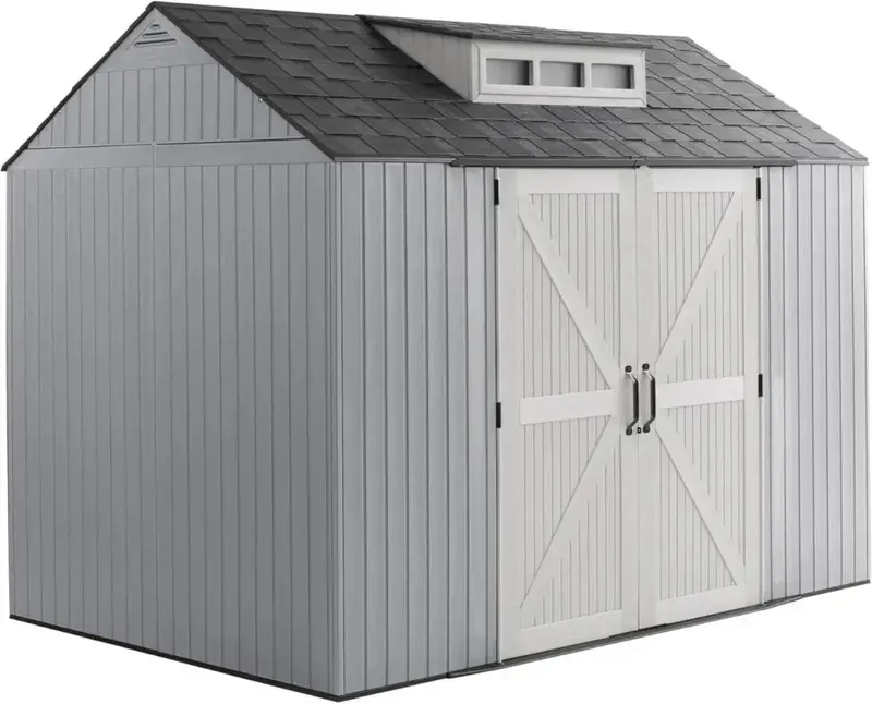 Rubbermaid 7' x 7' Resin Outdoor Storage Shed with Integrated Floor – Gray, Weather-Resistant Unit for Garden, Lawn, and Pool Gear