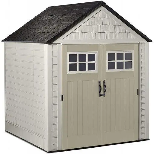 Rubbermaid 7' x 7' Weather-Resistant Resin Garden Shed – Sand-Finish Design with Ventilation Windows