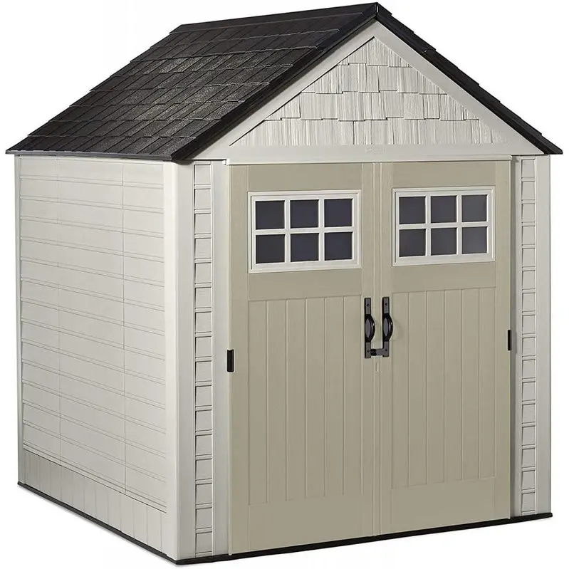 Rubbermaid 7' x 7' Weather-Resistant Resin Garden Shed – Sand-Finish Design with Ventilation Windows