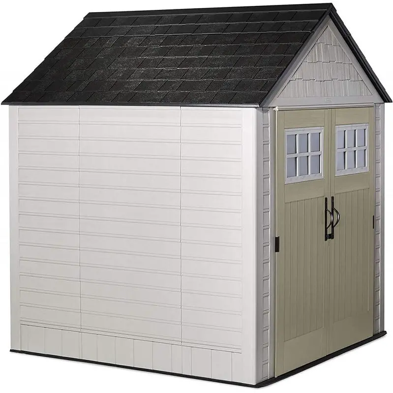 Rubbermaid 7' x 7' Weather-Resistant Resin Garden Shed – Sand-Finish Design with Ventilation Windows