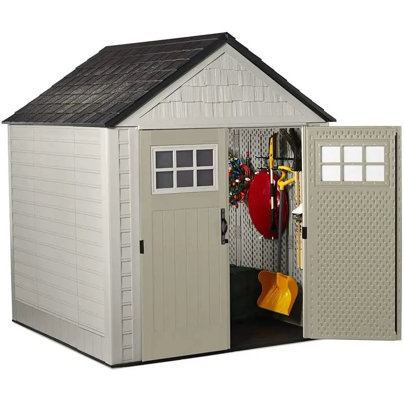 Rubbermaid 7' x 7' Weather-Resistant Resin Garden Shed – Sand-Finish Design with Ventilation Windows