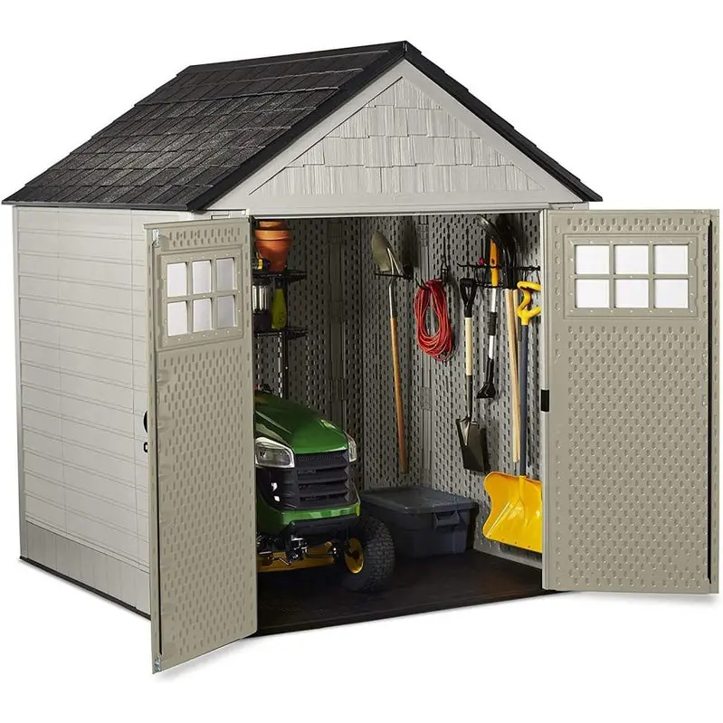 Rubbermaid 7' x 7' Weather-Resistant Resin Garden Shed – Sand-Finish Design with Ventilation Windows