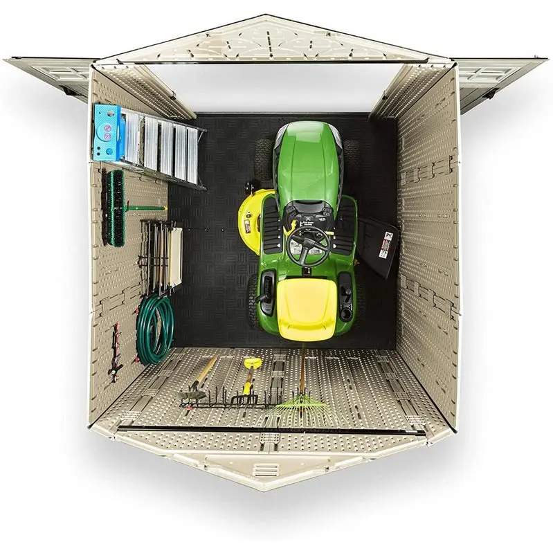 Rubbermaid 7' x 7' Weather-Resistant Resin Garden Shed – Sand-Finish Design with Ventilation Windows