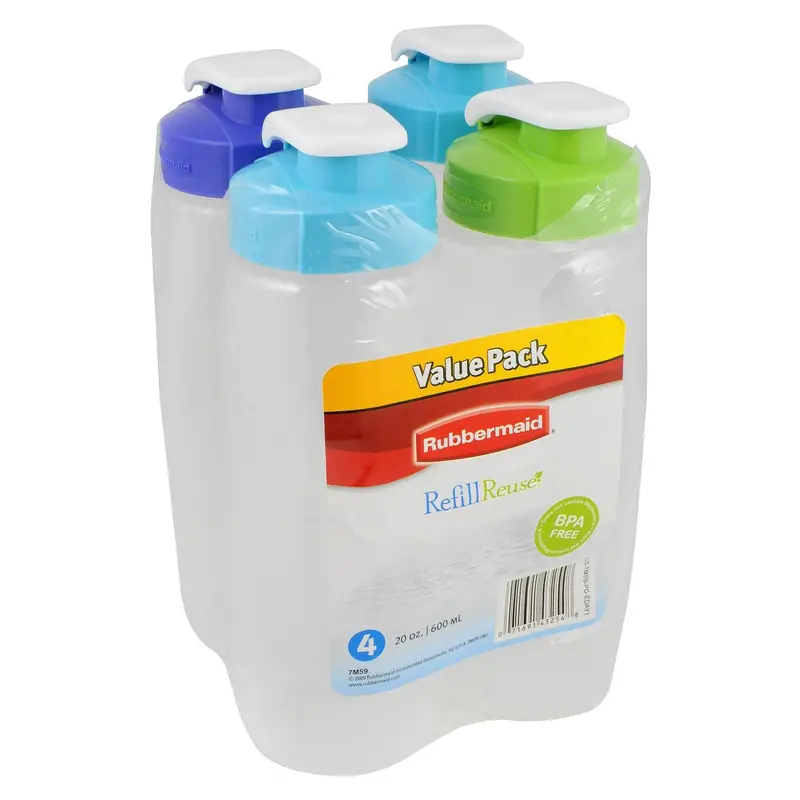 Rubbermaid Refill+ 20 oz Reusable Chug Water Bottles — 4-Pack with Leak-Proof Design, Ergonomic Grip, and Assorted Blue/Green Lids