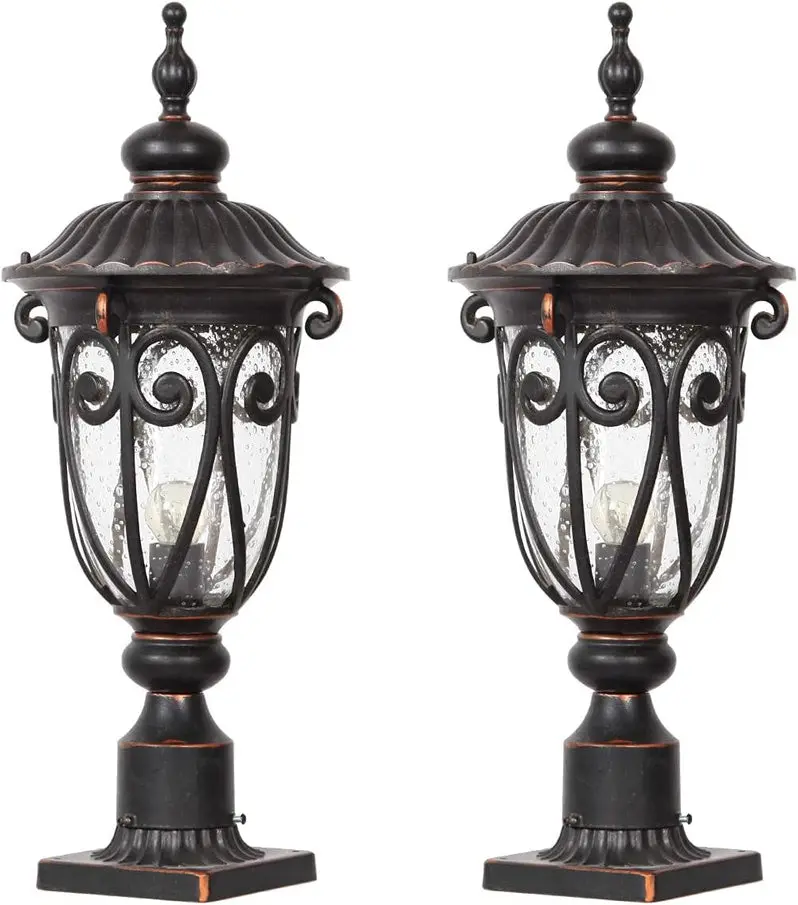 Rustic Aluminum Outdoor Wall Sconce Set – Pair of 23-Inch Seeded Glass Lanterns with Bronze Finish