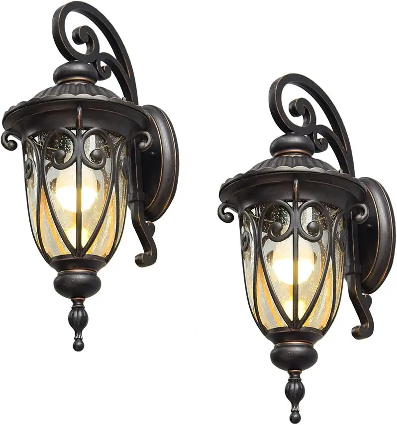 Rustic Aluminum Outdoor Wall Sconce Set – Pair of 23-Inch Seeded Glass Lanterns with Bronze Finish