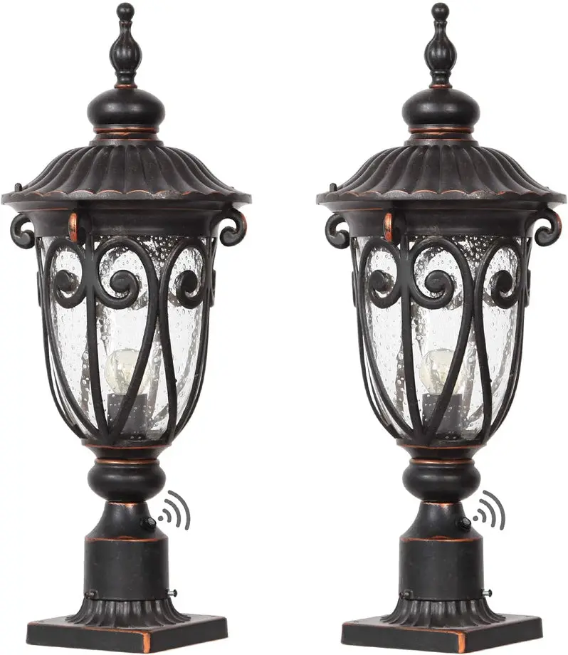 Rustic Aluminum Outdoor Wall Sconce Set – Pair of 23-Inch Seeded Glass Lanterns with Bronze Finish