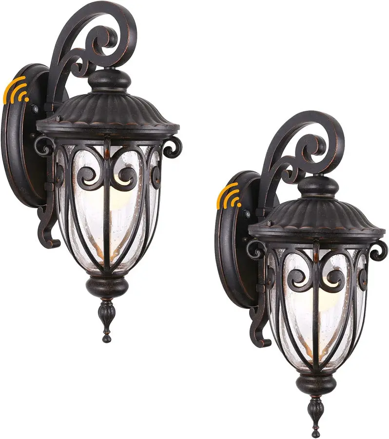 Rustic Aluminum Outdoor Wall Sconce Set – Pair of 23-Inch Seeded Glass Lanterns with Bronze Finish