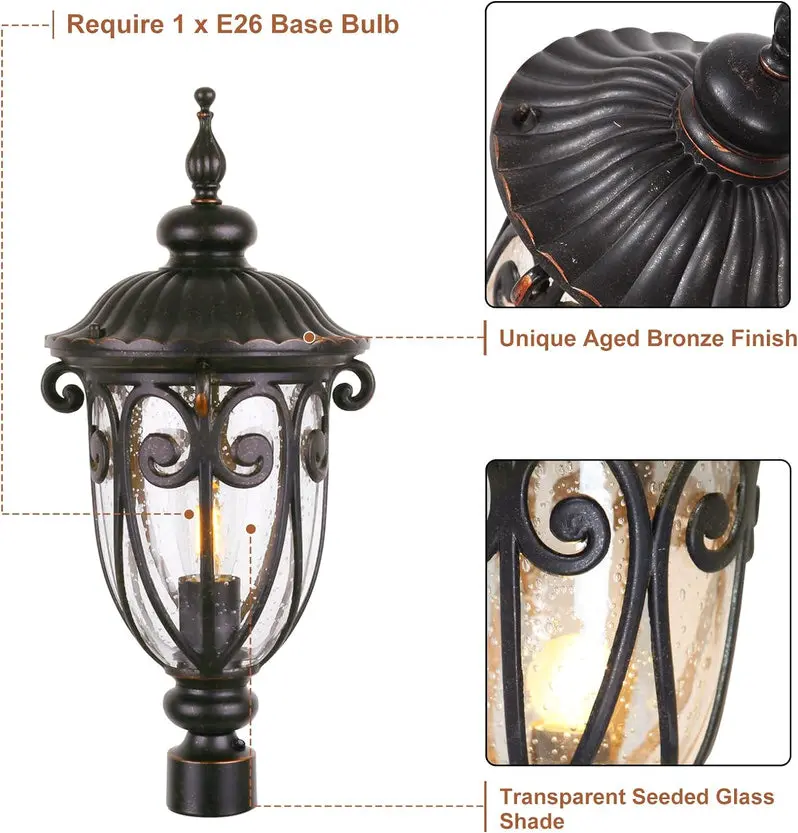 Rustic Aluminum Outdoor Wall Sconce Set – Pair of 23-Inch Seeded Glass Lanterns with Bronze Finish