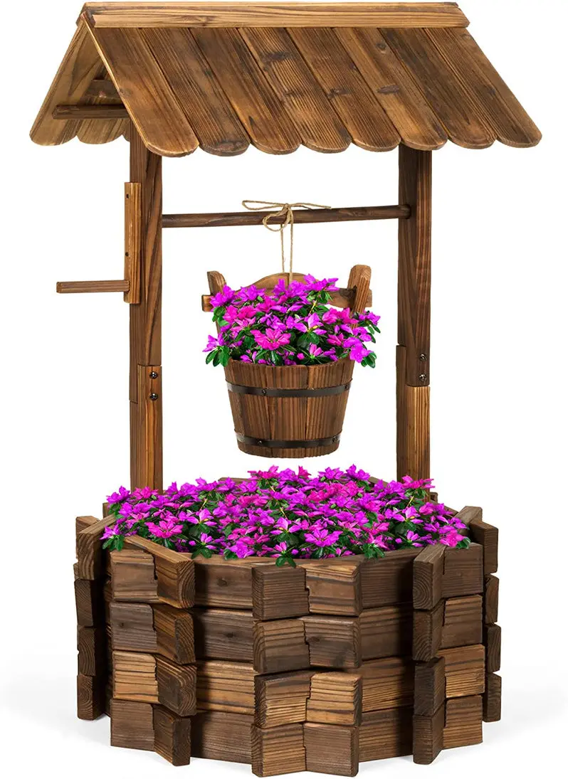 Rustic Wooden Wishing Well Planter – Outdoor Garden Décor with Functional Hanging Bucket by Best Choice Products