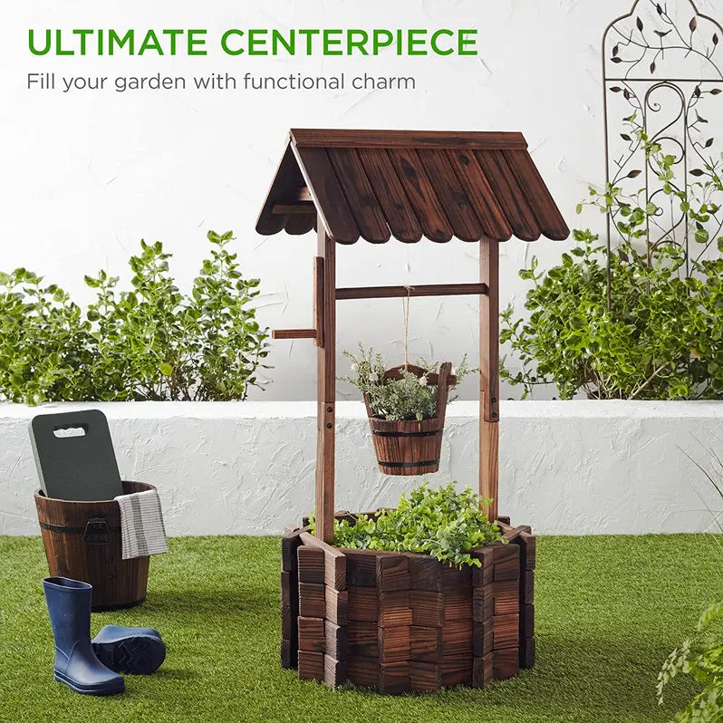 Rustic Wooden Wishing Well Planter – Outdoor Garden Décor with Functional Hanging Bucket by Best Choice Products