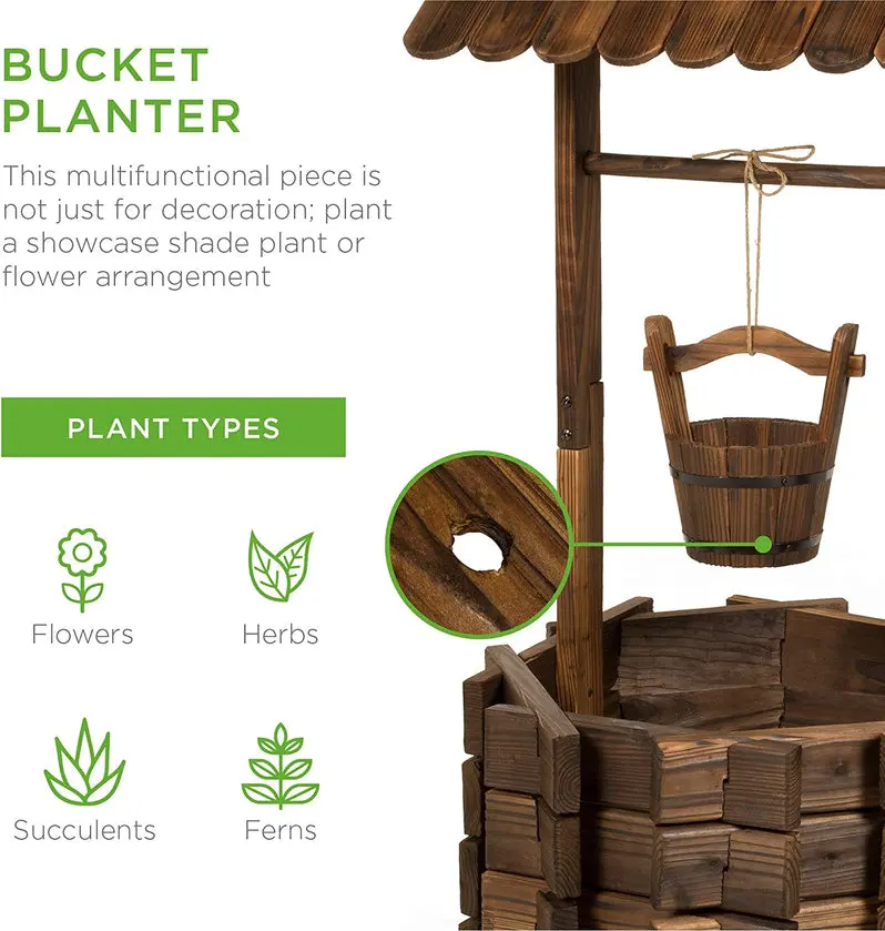 Rustic Wooden Wishing Well Planter – Outdoor Garden Décor with Functional Hanging Bucket by Best Choice Products