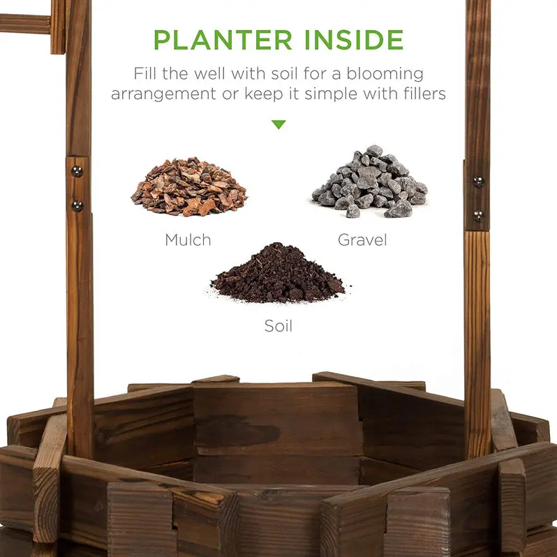 Rustic Wooden Wishing Well Planter – Outdoor Garden Décor with Functional Hanging Bucket by Best Choice Products