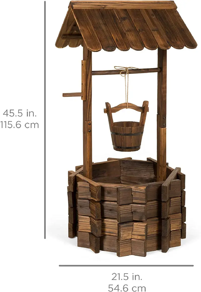 Rustic Wooden Wishing Well Planter – Outdoor Garden Décor with Functional Hanging Bucket by Best Choice Products