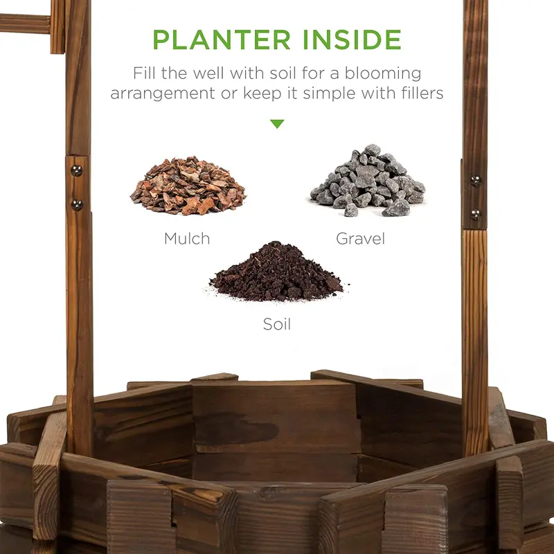 Rustic Wooden Wishing Well Planter with Hanging Bucket – Outdoor Garden & Patio Decor