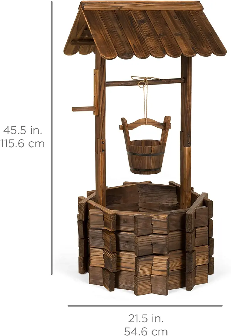 Rustic Wooden Wishing Well Planter with Hanging Bucket – Outdoor Garden & Patio Decor