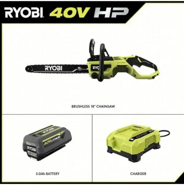 RYOBI 18-Inch 40V Cordless Chainsaw Kit – Includes Battery and Rapid Charger