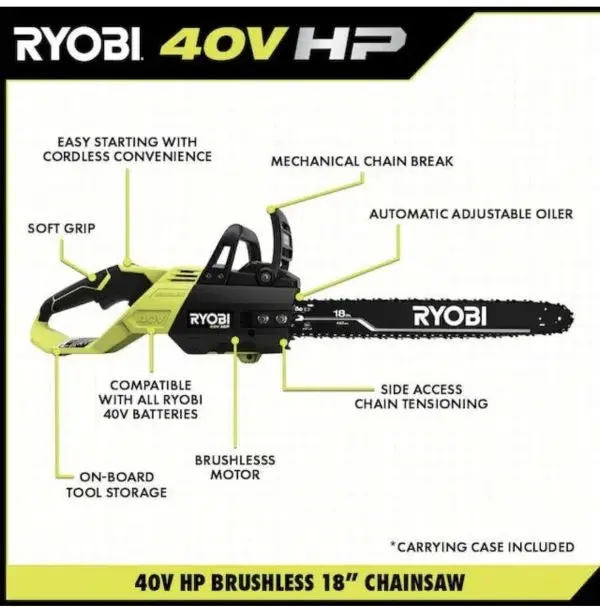 RYOBI 18-Inch 40V Cordless Chainsaw Kit – Includes Battery and Rapid Charger