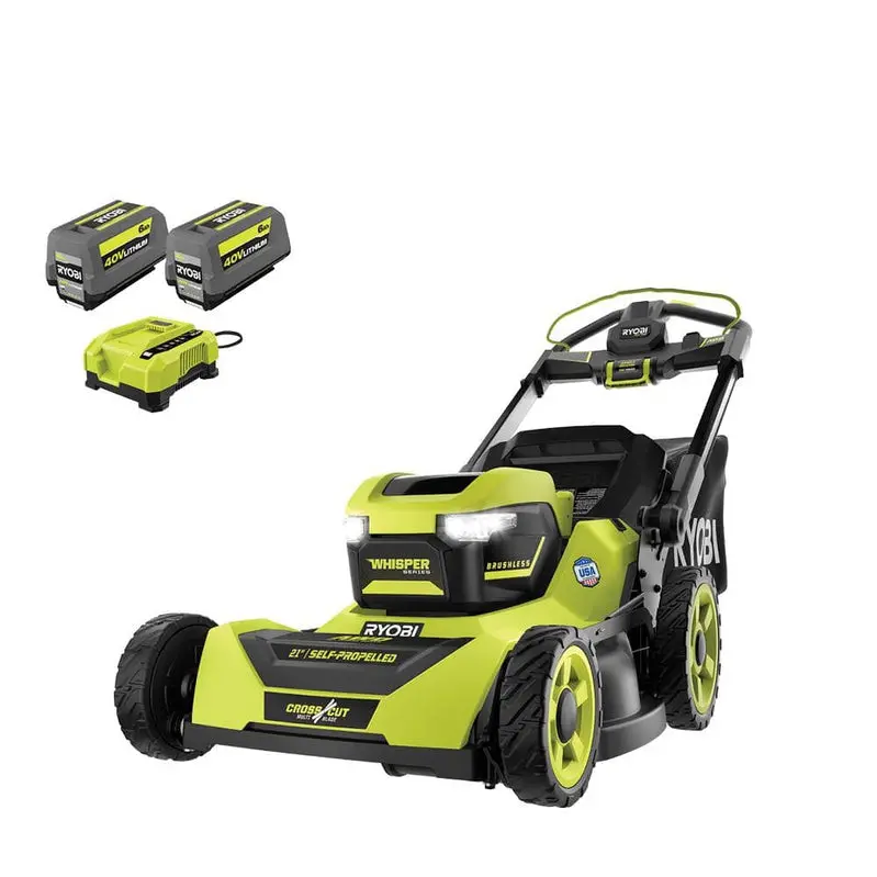 RYOBI 40V HP Brushless 21-Inch All-Wheel Drive Self-Propelled Lawn Mower – Whisper Series with Dual 6.0Ah Batteries and Charger