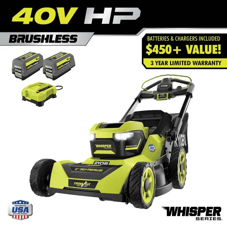 RYOBI 40V HP Brushless 21-Inch All-Wheel Drive Self-Propelled Lawn Mower – Whisper Series with Dual 6.0Ah Batteries and Charger