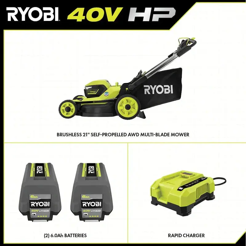 RYOBI 40V HP Brushless 21-Inch All-Wheel Drive Self-Propelled Lawn Mower – Whisper Series with Dual 6.0Ah Batteries and Charger