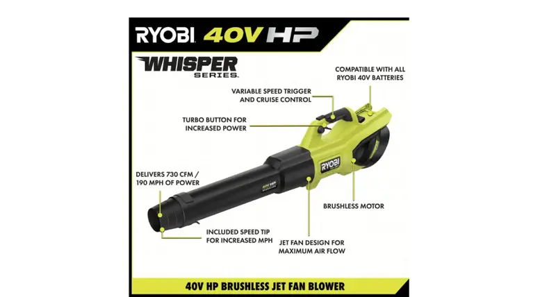 RYOBI 40V HP Brushless Cordless Leaf Blower – 730 CFM Airflow, 190 MPH Speed, Dual 4.0Ah Batteries & Low 57 dB Noise