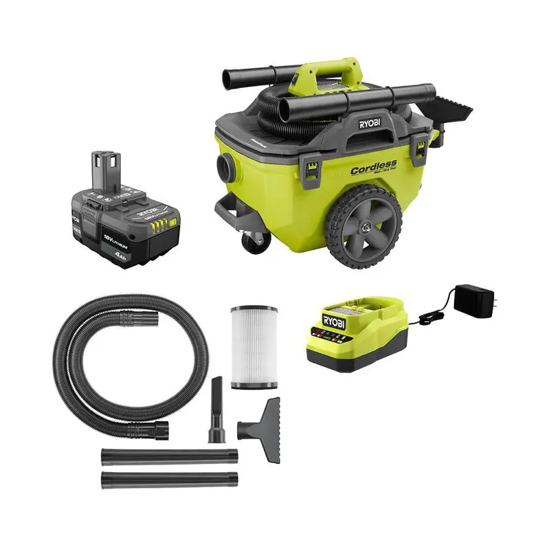 RYOBI ONE+ 18V Cordless Wet/Dry Vacuum – 6-Gallon Capacity Kit with 4.0 Ah Battery, Charger, and Accessory Set (Model P770KN)