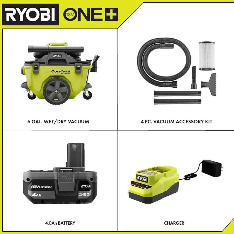 RYOBI ONE+ 18V Cordless Wet/Dry Vacuum – 6-Gallon Capacity Kit with 4.0 Ah Battery, Charger, and Accessory Set (Model P770KN)