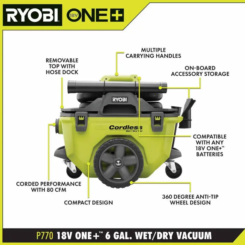 RYOBI ONE+ 18V Cordless Wet/Dry Vacuum – 6-Gallon Capacity Kit with 4.0 Ah Battery, Charger, and Accessory Set (Model P770KN)
