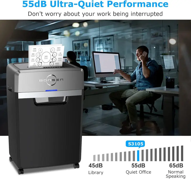S3105 Commercial Cross-Cut Paper Shredder – 24-Sheet Capacity, 40-Min Continuous Duty, 9-Gal Bin, P-4 Security, 55dB Quiet Operation