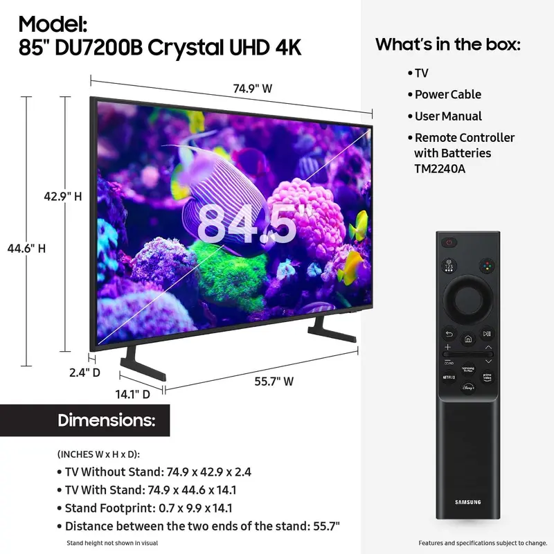 Samsung 85" Crystal UHD 4K Smart TV DU7200B (2024) — PurColor, HDR, and Adaptive Sound