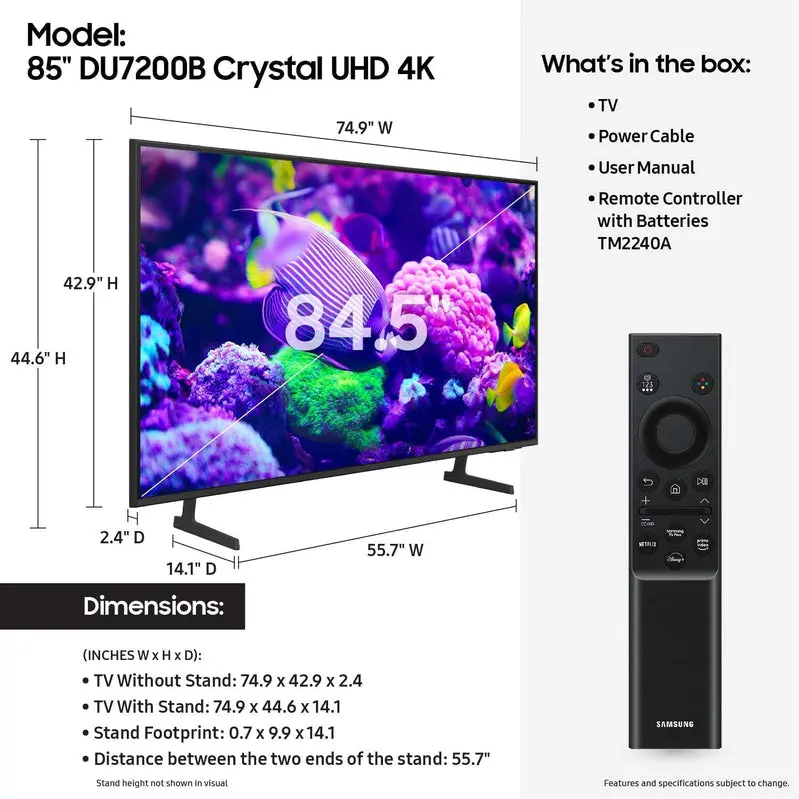 Samsung DU7200B 85" 4K Crystal UHD Smart TV – HDR, PurColor, and Latest Tizen Platform