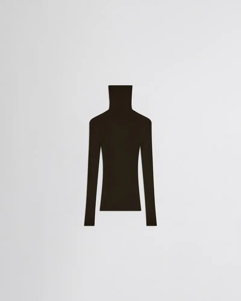 Seamless High-Neck Rib Top In Dark Khaki Merino Wool