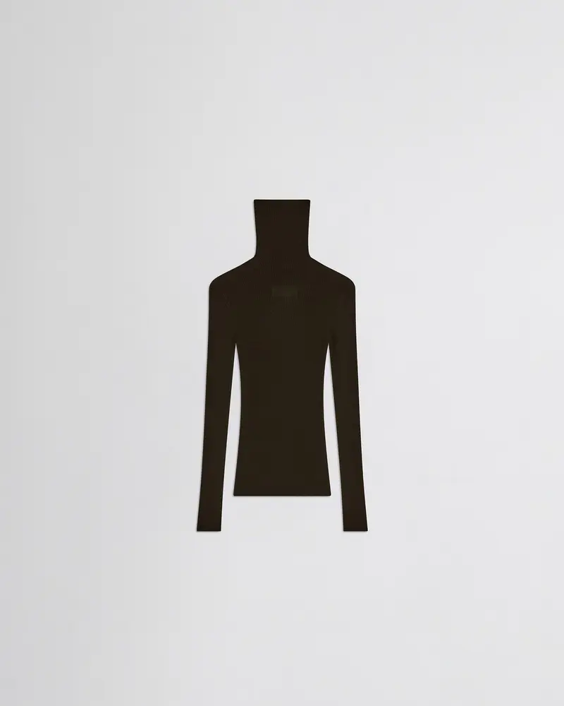 Seamless High-Neck Rib Top In Dark Khaki Merino Wool 2