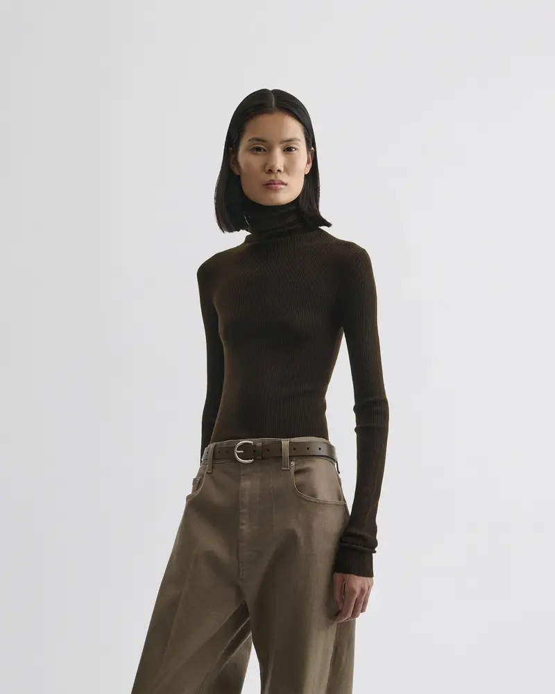 Seamless High-Neck Rib Top In Dark Khaki Merino Wool