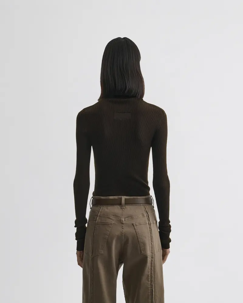 Seamless High-Neck Rib Top In Dark Khaki Merino Wool