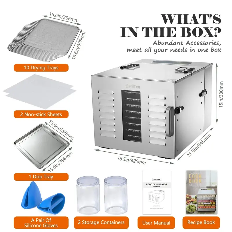 Septree Commercial Food Dehydrator – 10-Tray Stainless Steel Unit for High-Volume Drying