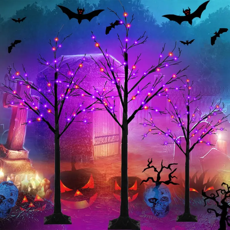 Set of 3 Glow-in-the-Dark Halloween Birch Trees – 96 Warm-White LED Lights for Indoor or Outdoor Display