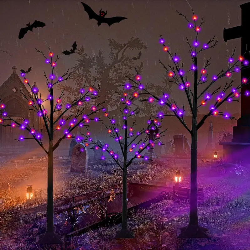 Set of 3 Glow-in-the-Dark Halloween Birch Trees – 96 Warm-White LED Lights for Indoor or Outdoor Display