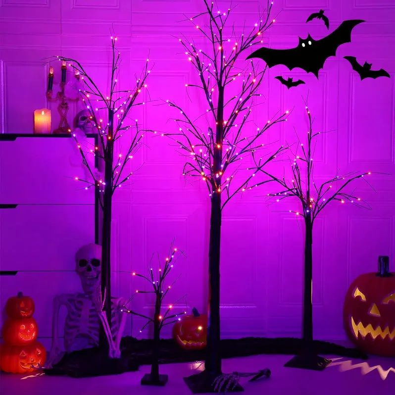 Set of 3 Glow-in-the-Dark Halloween Birch Trees – 96 Warm-White LED Lights for Indoor or Outdoor Display