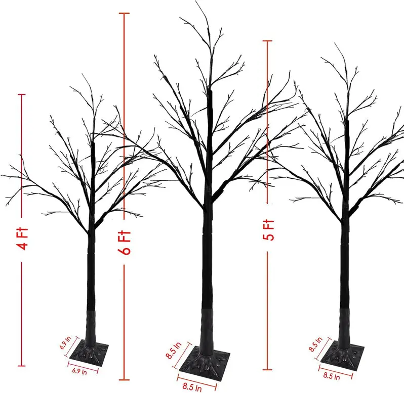 Set of 3 Glow-in-the-Dark Halloween Birch Trees – 96 Warm-White LED Lights for Indoor or Outdoor Display
