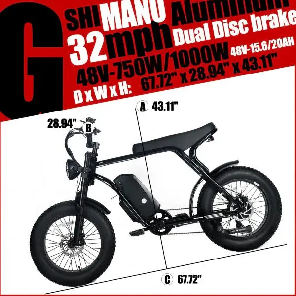 Shi Mano All-Terrain Fat-Tire E-Mountain Bike – 1000W Brushless Motor, 48V 20Ah Long-Range Battery, 45 MPH Top Speed