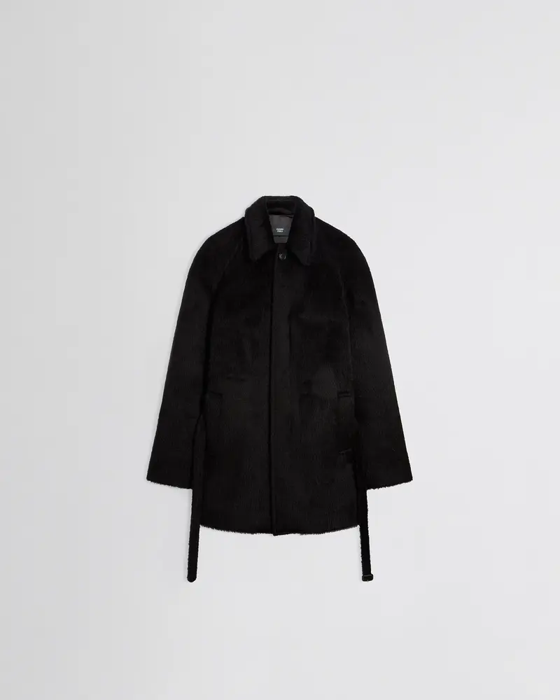 Short Black Alpaca Car Coat With Detachable Belt