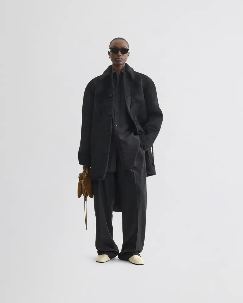 Short Black Alpaca Car Coat With Detachable Belt