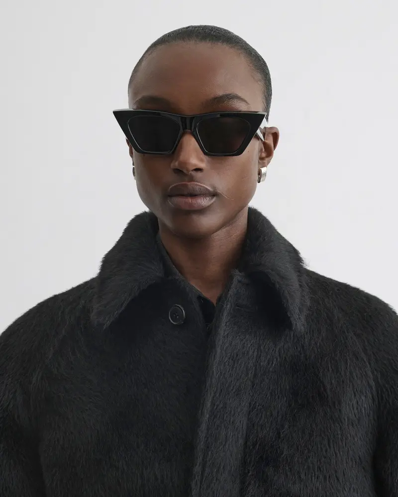 Short Black Alpaca Car Coat With Detachable Belt