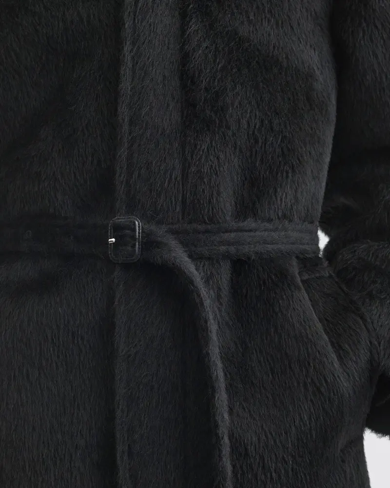 Short Black Alpaca Car Coat With Detachable Belt