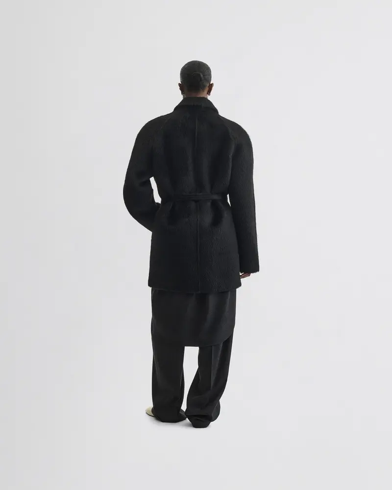 Short Black Alpaca Car Coat With Detachable Belt